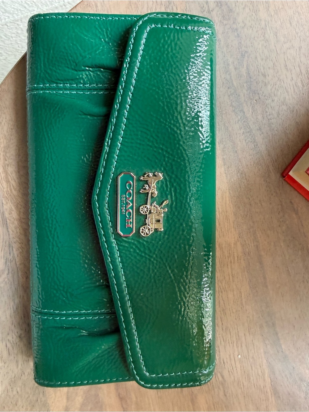 Coach Emerald Green Patent Leather Wallet with Gold Horse & Carriage